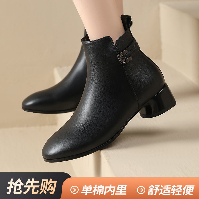 Round Toe Short Boots Women'S 2024 Fall/Winter New Headline Cowhide Thick-Heeled Soft-Soled Leather Boots Plus Size Mid-Heeled Cotton Boots Fashion Boots - Image 5